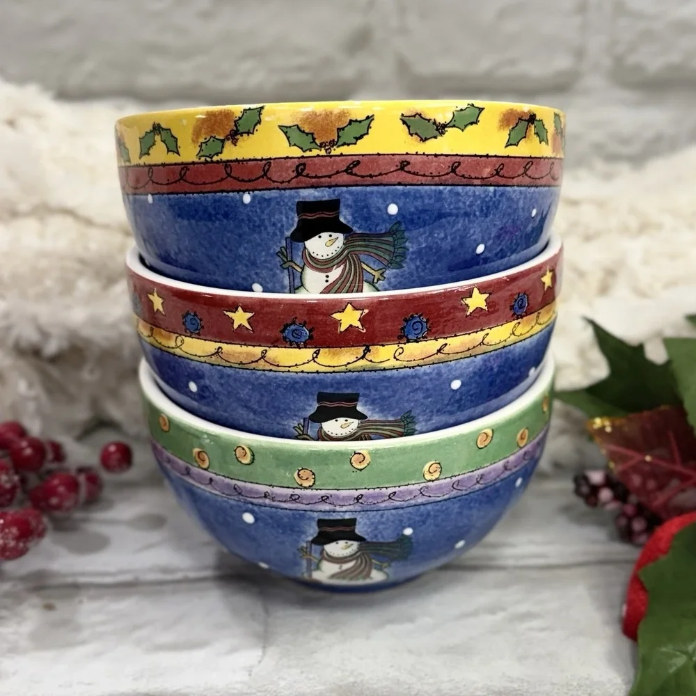 Sango Sweet Shoppe Christmas Snowman Soup Cereal Bowls Set Of 3 By Sue Zipkin